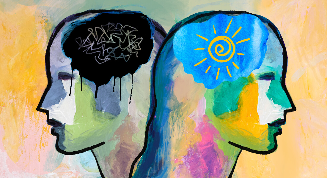 Illustration of two heads where you can see a sun inside one head, and dark clouds inside the other one