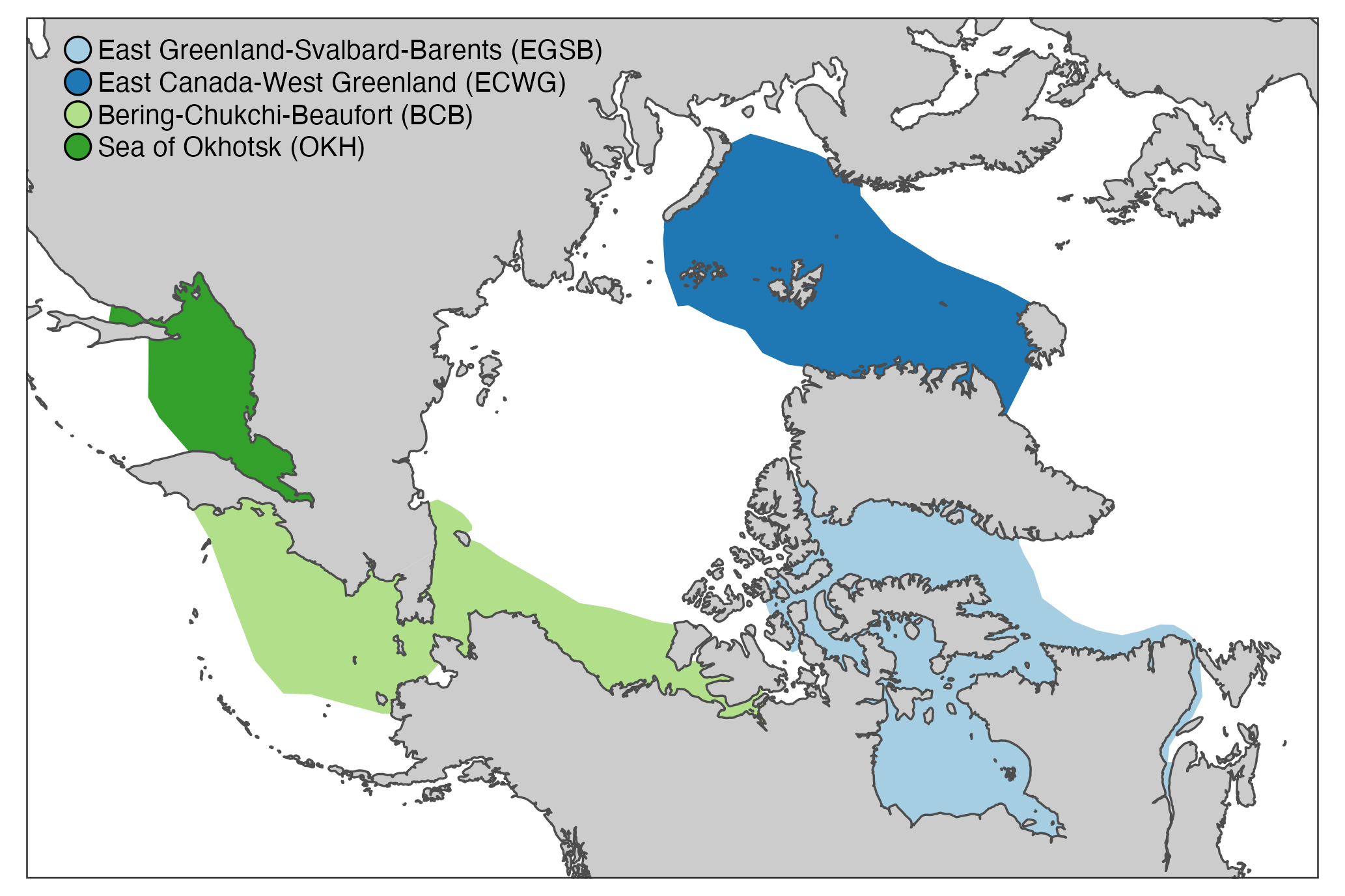 The map shows the current distribution of the bowhead whale (in colors). The species is managed as four populations: East Greenland–Svalbard–Barents Sea (dark blue); Canada–West Greenland (light blue); Bering Sea–Chukchi Sea–Beaufort Sea (light green); Sea of Okhotsk (dark green).