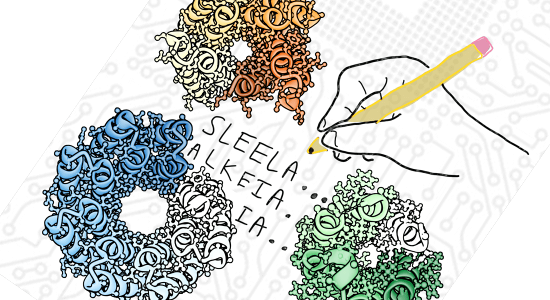 A drawing of a hand writing code between folded proteins A drawing of a hand writing code between folded proteins