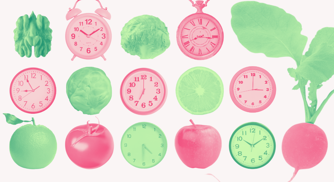 Illustration of clocks and foods coloured green and pink Illustration of clocks and foods coloured green and pink