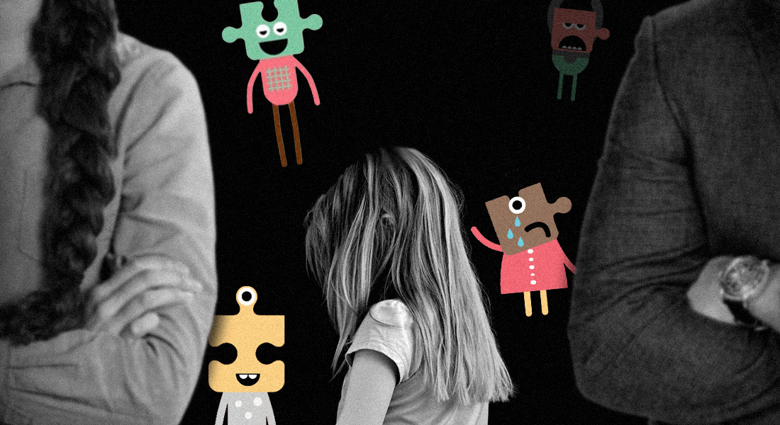 Illustration of a girl who is looking away while being flanked by two adults. Several illustrations of puzzle pieces with different emotions float around her. Illustration of a girl who is looking away while being flanked by two adults. Several illustrations of puzzle pieces with different emotions float around her.