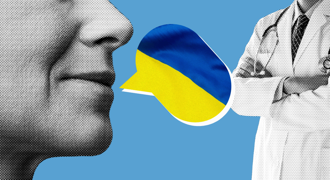 Illustration of mouth and speech bubble with the Ukrainian flag inside as well as a doctor with crossed arms Illustration of mouth and speech bubble with the Ukrainian flag inside as well as a doctor with crossed arms