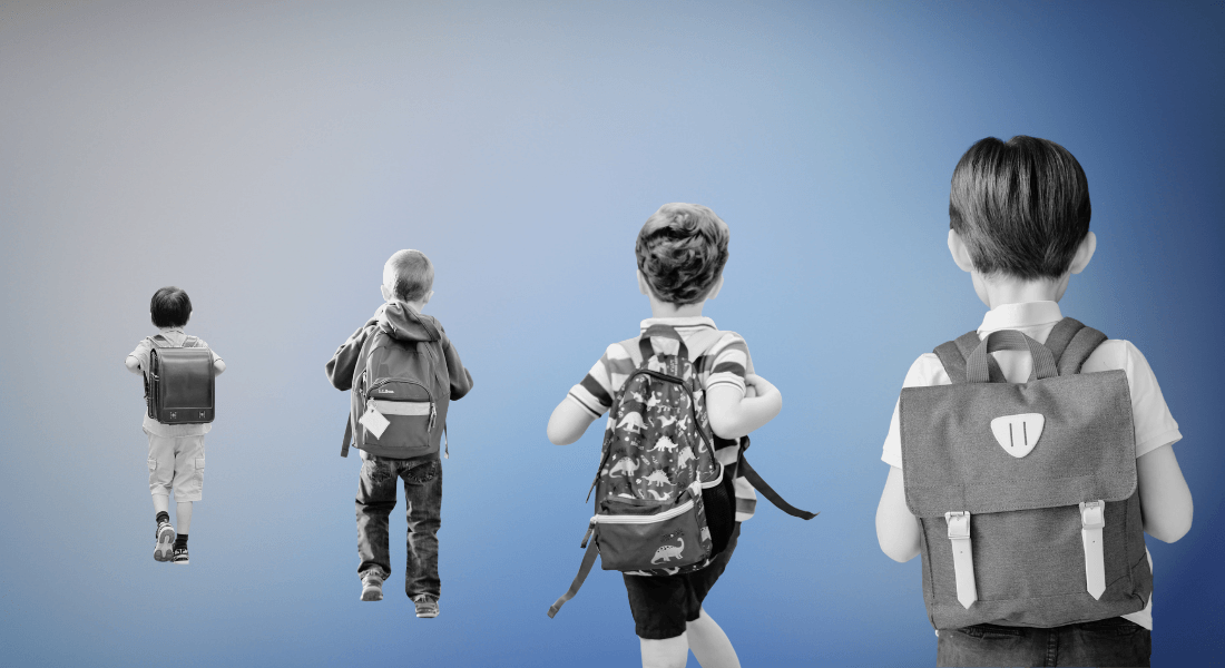 Illustration of children with bakpacks going into the distance Illustration of children with bakpacks going into the distance
