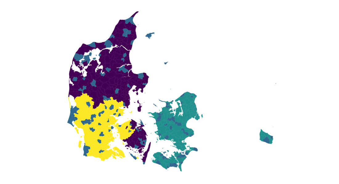 The map shows how the researchers divided Denmark into groups. Households in the yellow postcodes live within 150 kilometres of the nearest border shop and lost access to cross-border shopping when the border was closed during the COVID-19 lockdowns. These households are compared with households in the purple postcodes across the rest of Jutland and Funen. The purple households were affected by the same lockdowns but lived too far from the border for cross-border shopping to be financially worthwhile. Zealand, Lolland-Falster and Bornholm (shown in green) were excluded because residents can access cross-border shopping via bridges and ferries. The blue areas represent postcode districts with no households participating in the panel. Source: Bjerg et al. (2026) The map shows how the researchers divided Denmark into groups. Households in the yellow postcodes live within 150 kilometres of the nearest border shop and lost access to cross-border shopping when the border was closed during the COVID-19 lockdowns. These households are compared with households in the purple postcodes across the rest of Jutland and Funen. The purple households were affected by the same lockdowns but lived too far from the border for cross-border shopping to be financially worthwhile. Zealand, Lolland-Falster and Bornholm (shown in green) were excluded because residents can access cross-border shopping via bridges and ferries. The blue areas represent postcode districts with no households participating in the panel. Source: Bjerg et al. (2026)